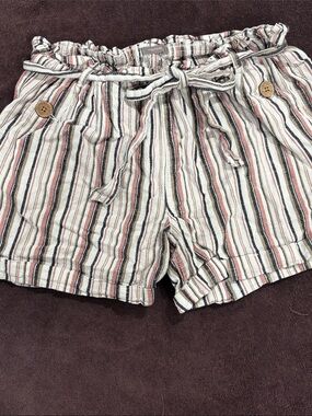 Maurice’s Casual Striped Paperbag Waist Shorts - White with Pink & Navy Stripes